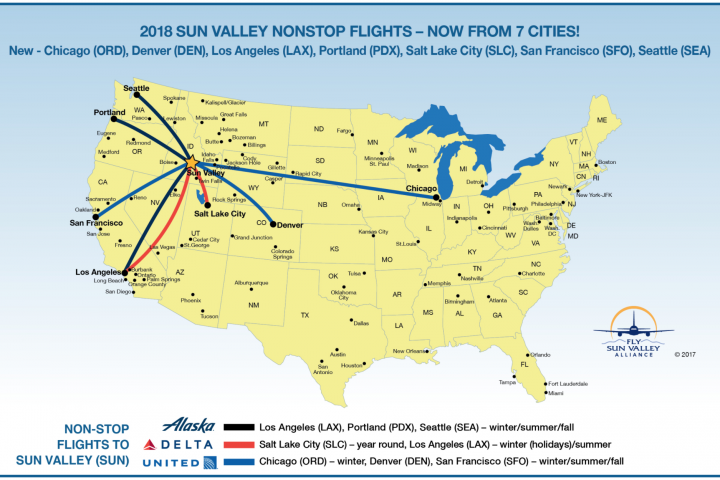 map of non-stop flights to Hailey