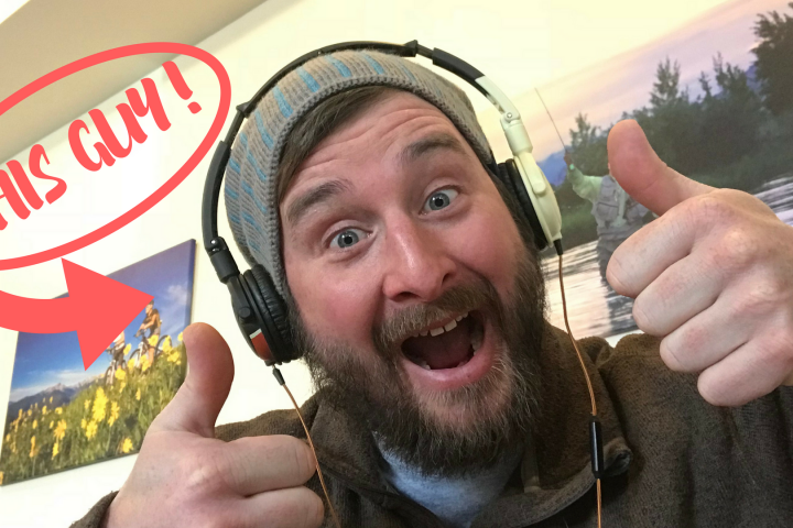 This guy text and a headshot wearing hat and headphones