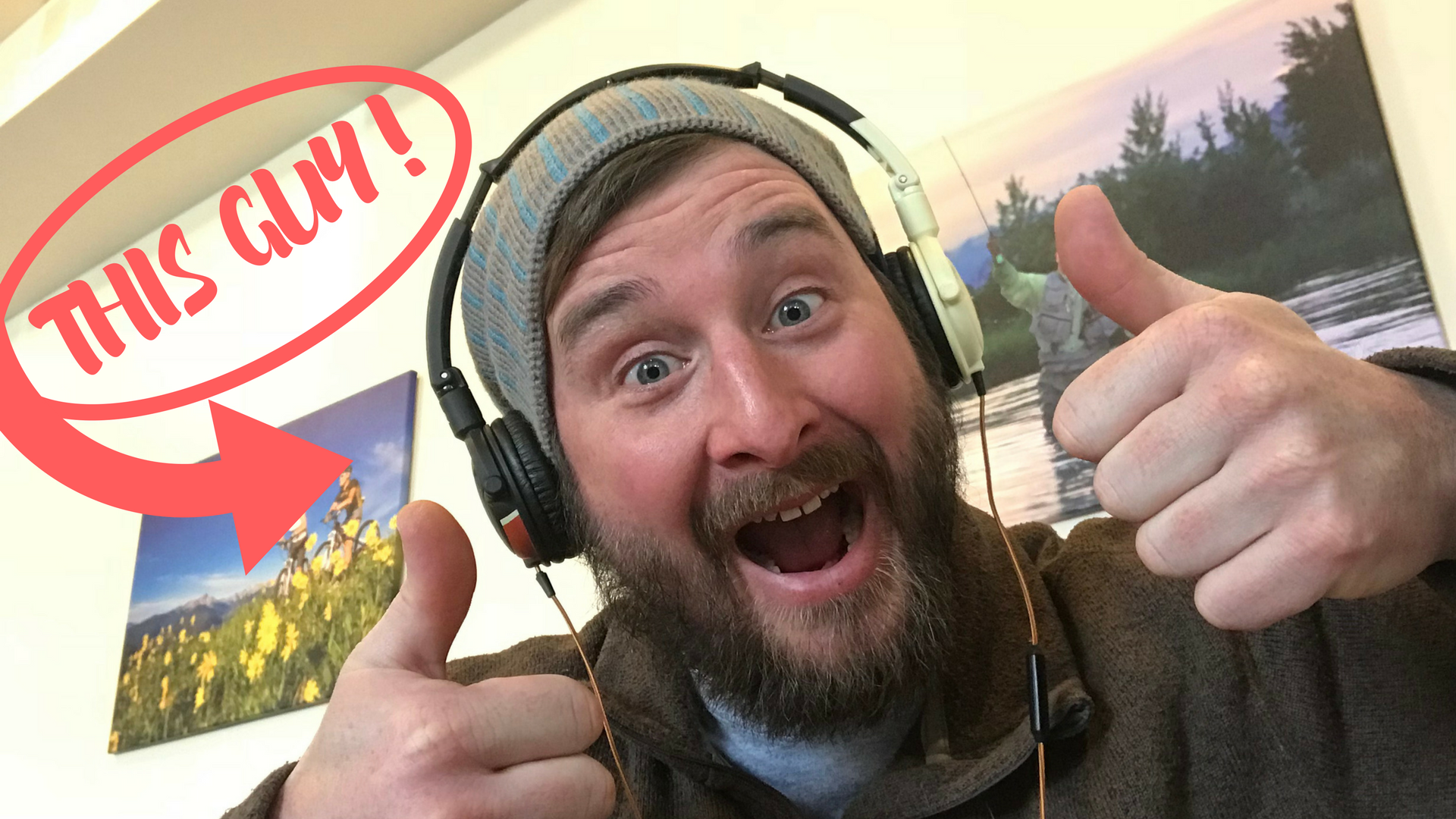 This guy text and a headshot wearing hat and headphones